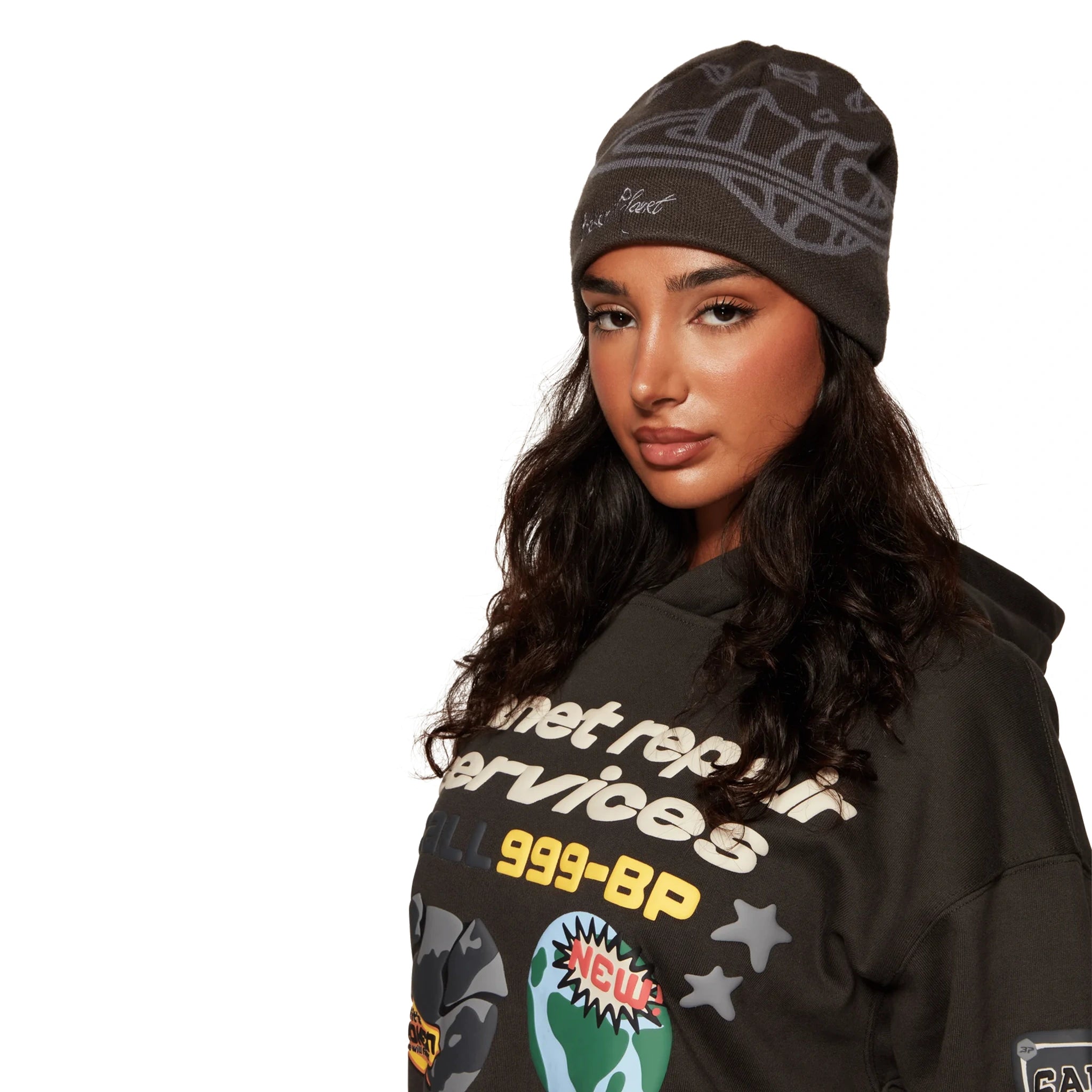 Model detail view of Broken Planet Repair Services Soot Black Hoodie